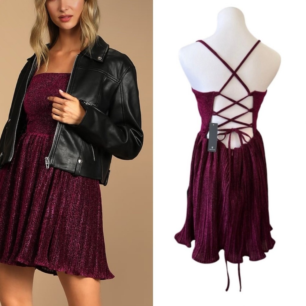Lulu's Party Era Magenta Sparkly Lace-up Pleated Skater Dress MEDIUM NWT Party
